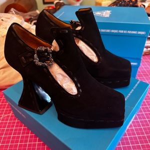 Fluevog Mega Munster T-Strap Clique High Suede Black Size 11